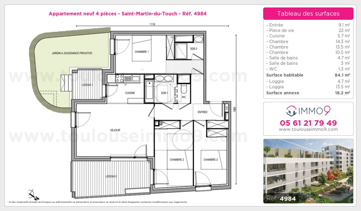 Plan et surfaces, Programme neuf Toulouse : Saint-Martin-du-Touch Référence n° 4984