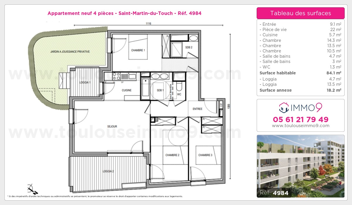 Plan et surfaces, Programme neuf Toulouse : Saint-Martin-du-Touch Référence n° 4984