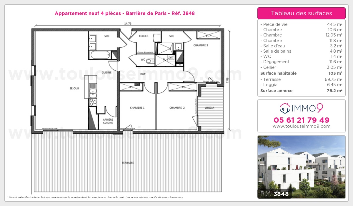 Plan et surfaces, Programme neuf Toulouse : Barrière de Paris Référence n° 3848