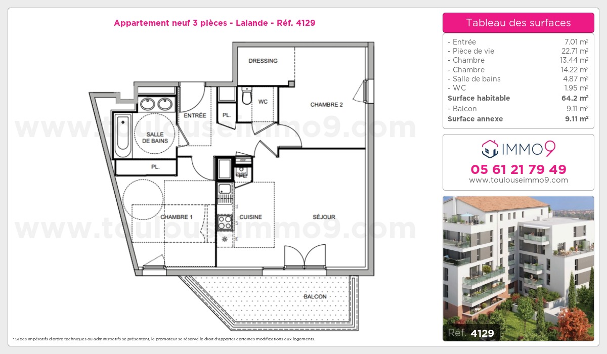 Plan et surfaces, Programme neuf Toulouse : Lalande Référence n° 4129