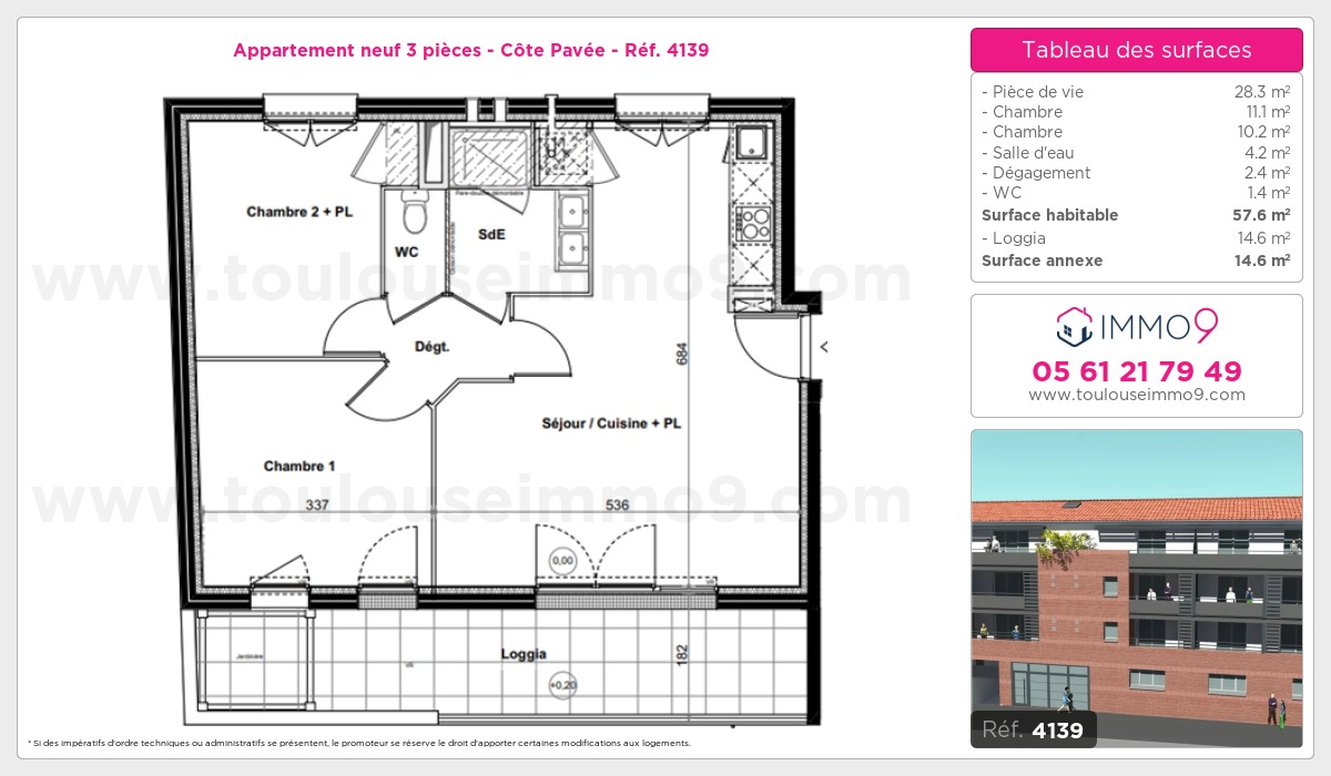 Plan et surfaces, Programme neuf Toulouse : Côte Pavée Référence n° 4139