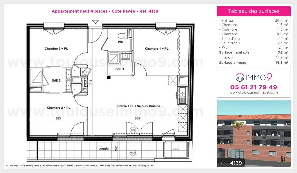 Plan et surfaces, Programme neuf Toulouse : Côte Pavée Référence n° 4139