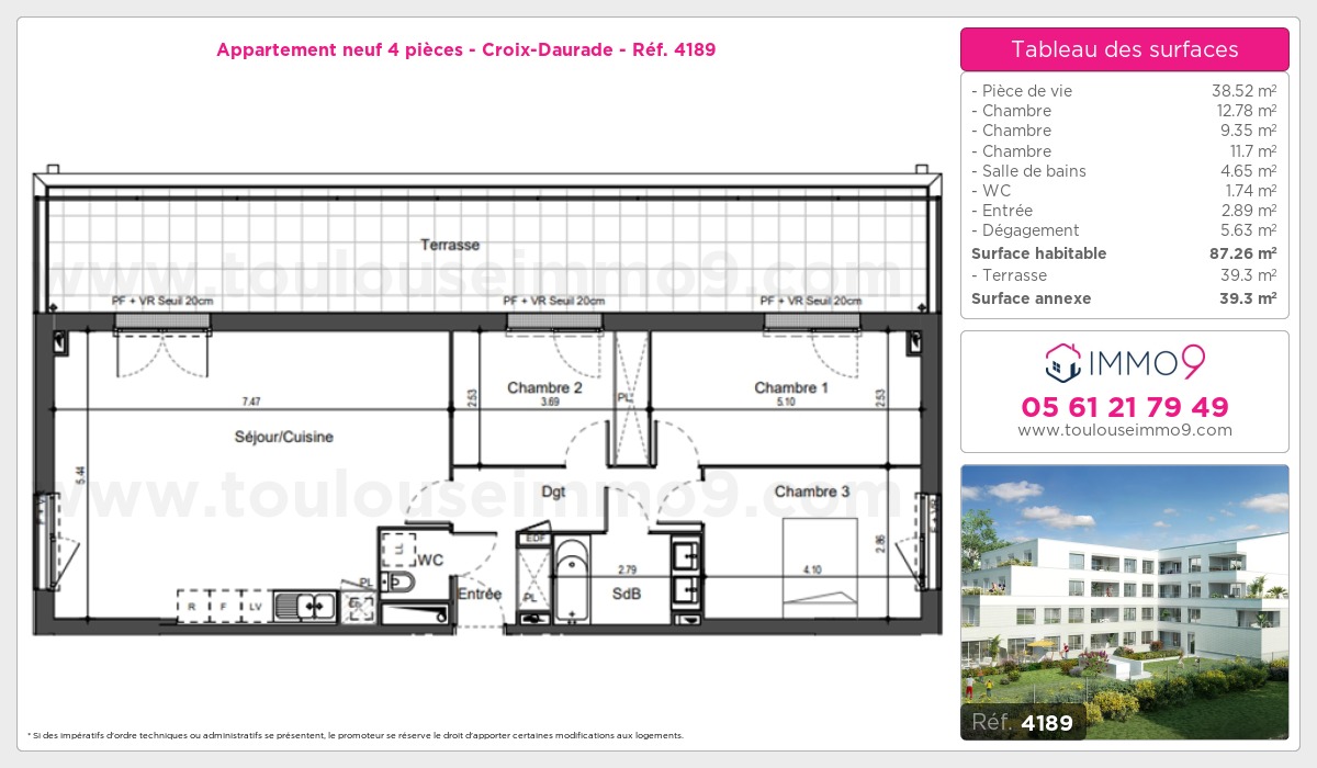 Plan et surfaces, Programme neuf Toulouse : Croix-Daurade Référence n° 4189