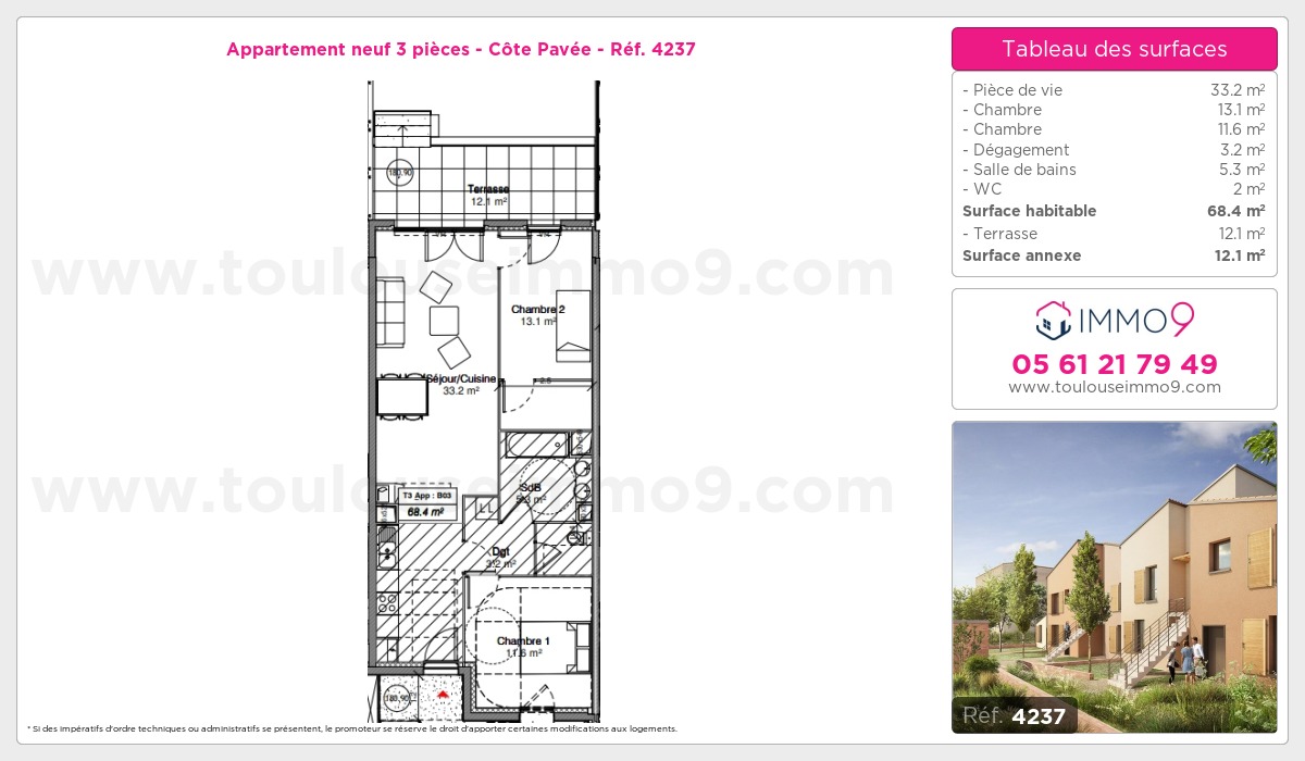 Plan et surfaces, Programme neuf Toulouse : Côte Pavée Référence n° 4237