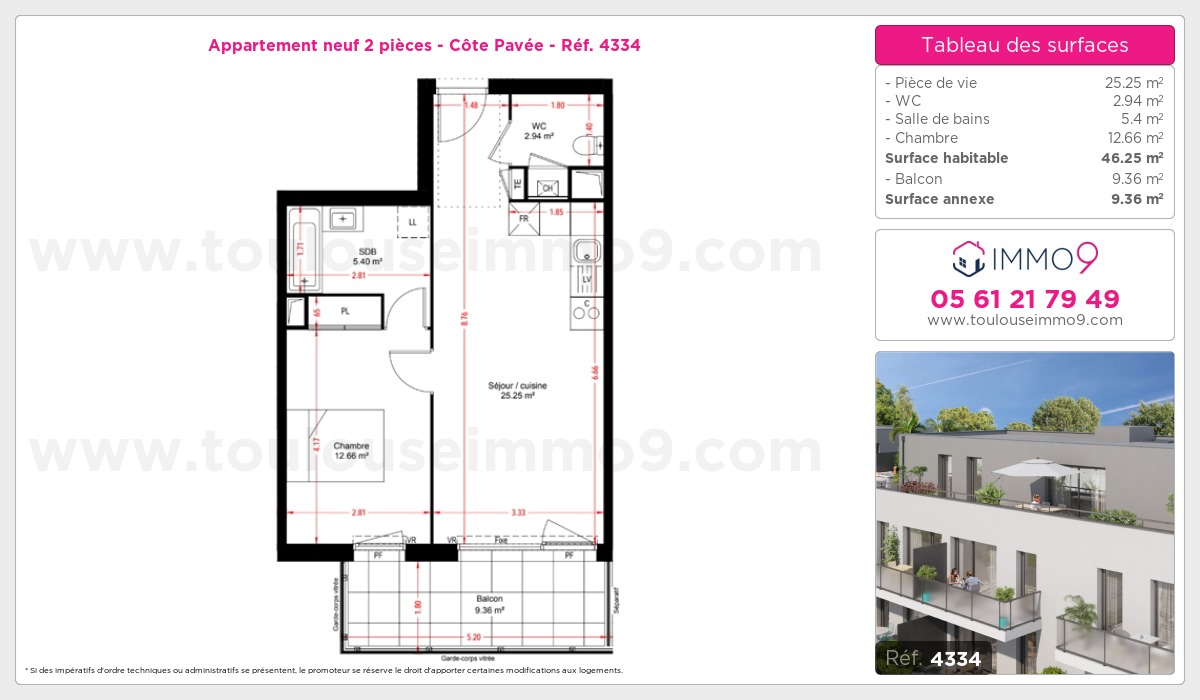 Plan et surfaces, Programme neuf Toulouse : Côte Pavée Référence n° 4334