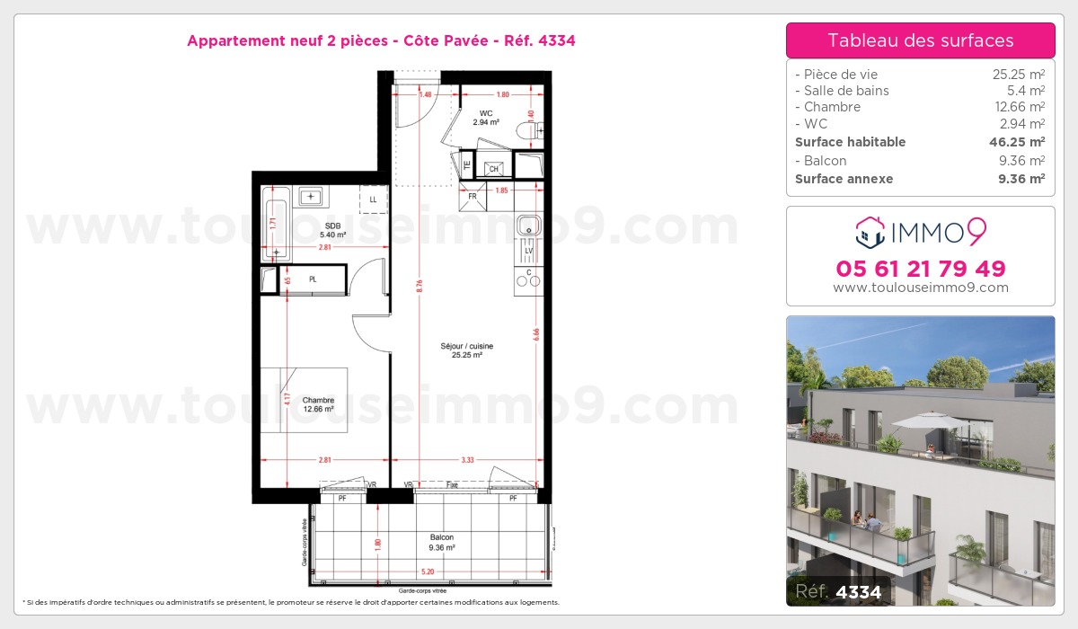 Plan et surfaces, Programme neuf Toulouse : Côte Pavée Référence n° 4334