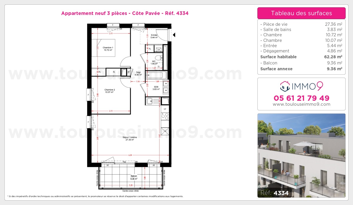 Plan et surfaces, Programme neuf Toulouse : Côte Pavée Référence n° 4334
