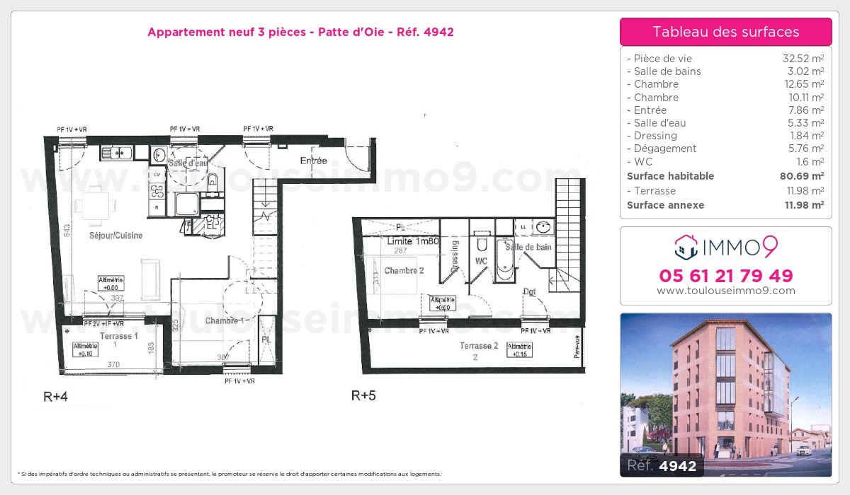 Plan et surfaces, Programme neuf Toulouse : Patte d'Oie Référence n° 4942