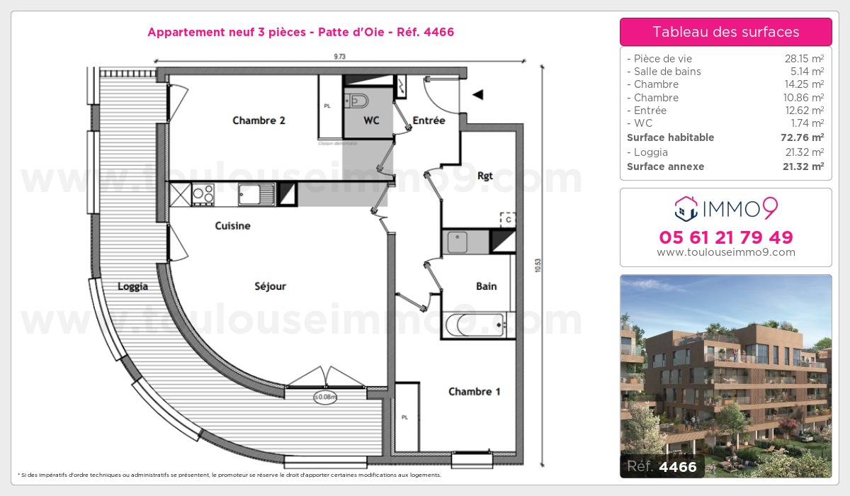 Plan et surfaces, Programme neuf Toulouse : Patte d'Oie Référence n° 4466