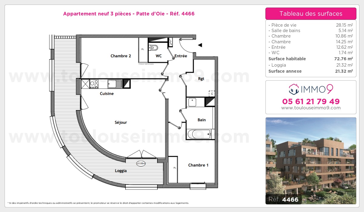 Plan et surfaces, Programme neuf Toulouse : Patte d'Oie Référence n° 4466