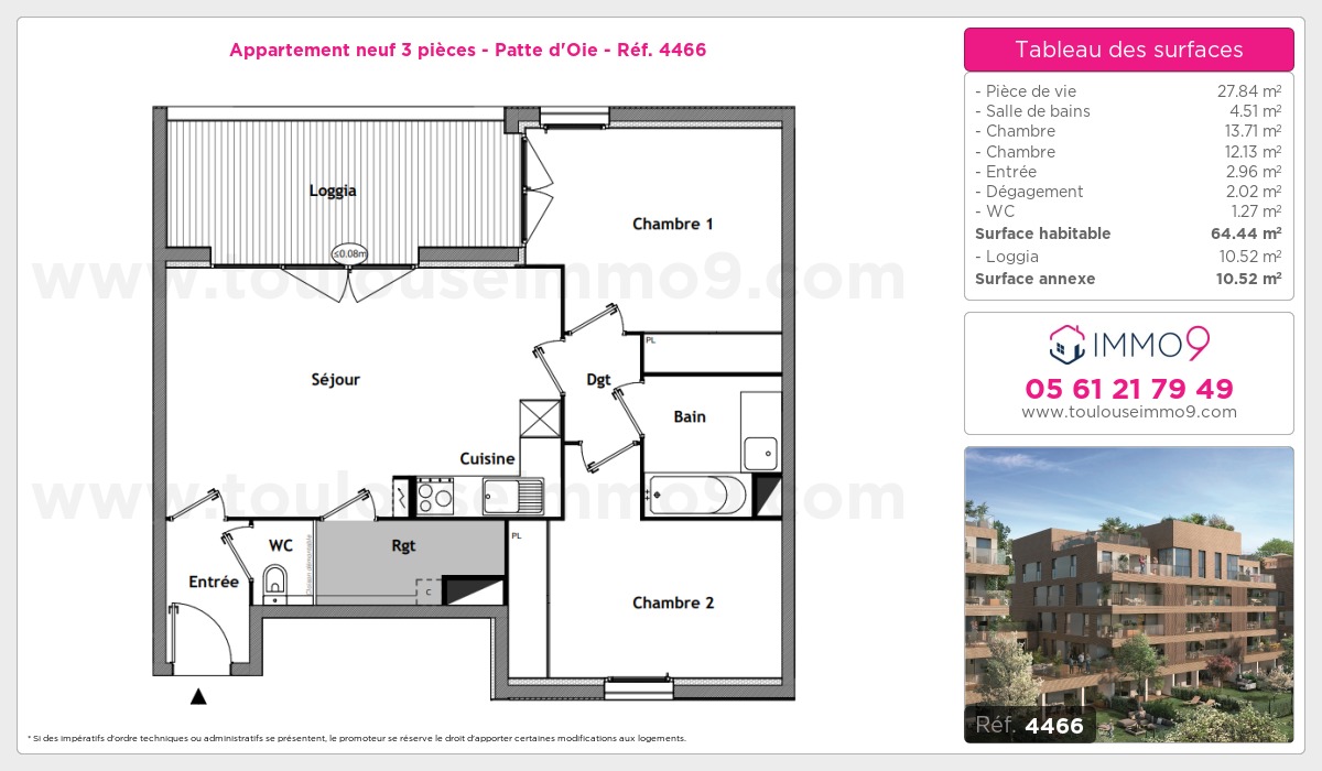 Plan et surfaces, Programme neuf Toulouse : Patte d'Oie Référence n° 4466