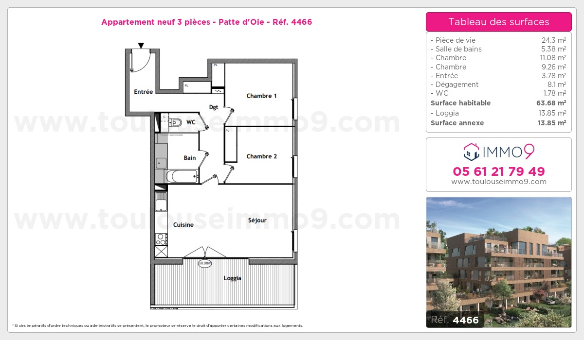 Plan et surfaces, Programme neuf Toulouse : Patte d'Oie Référence n° 4466