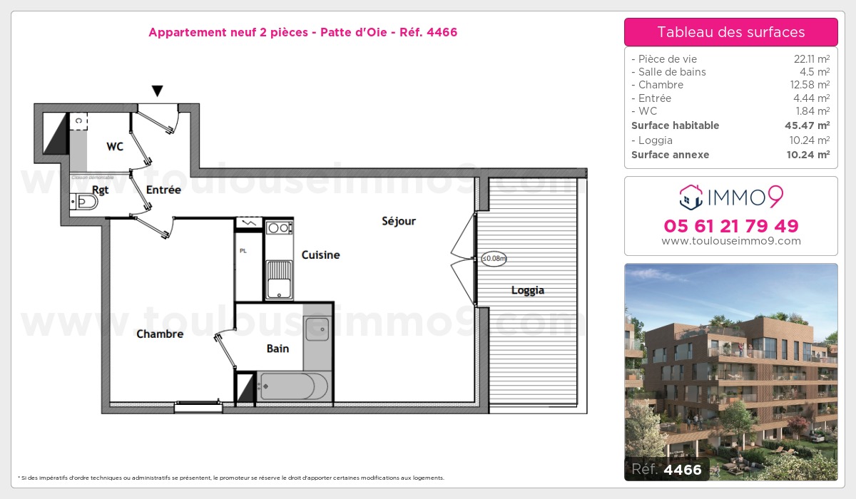 Plan et surfaces, Programme neuf Toulouse : Patte d'Oie Référence n° 4466