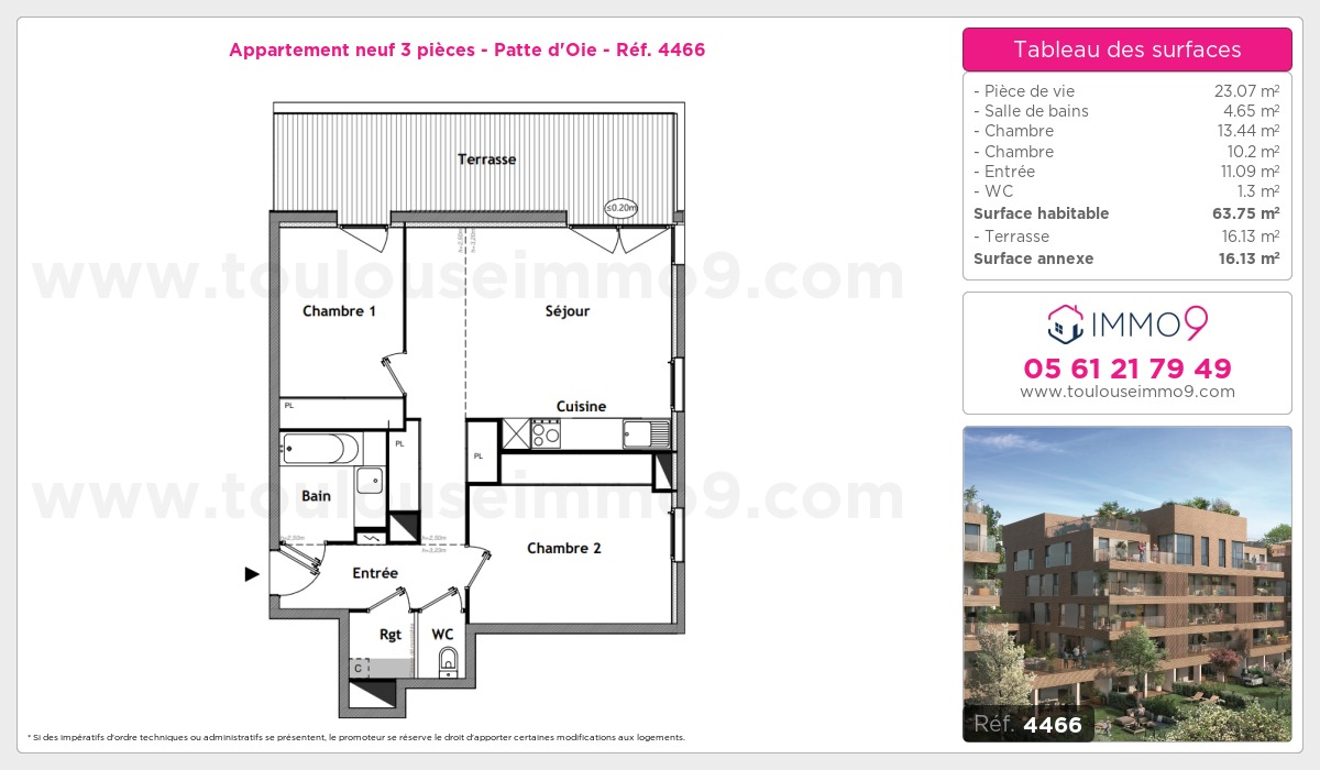 Plan et surfaces, Programme neuf Toulouse : Patte d'Oie Référence n° 4466