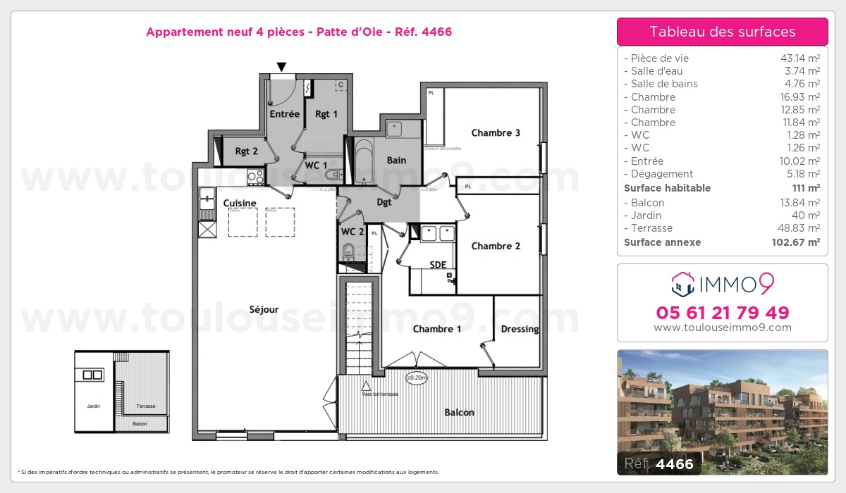 Plan et surfaces, Programme neuf Toulouse : Patte d'Oie Référence n° 4466