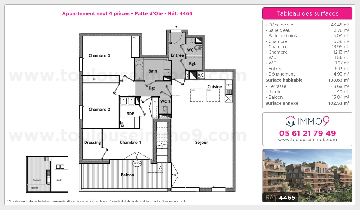 Plan et surfaces, Programme neuf Toulouse : Patte d'Oie Référence n° 4466