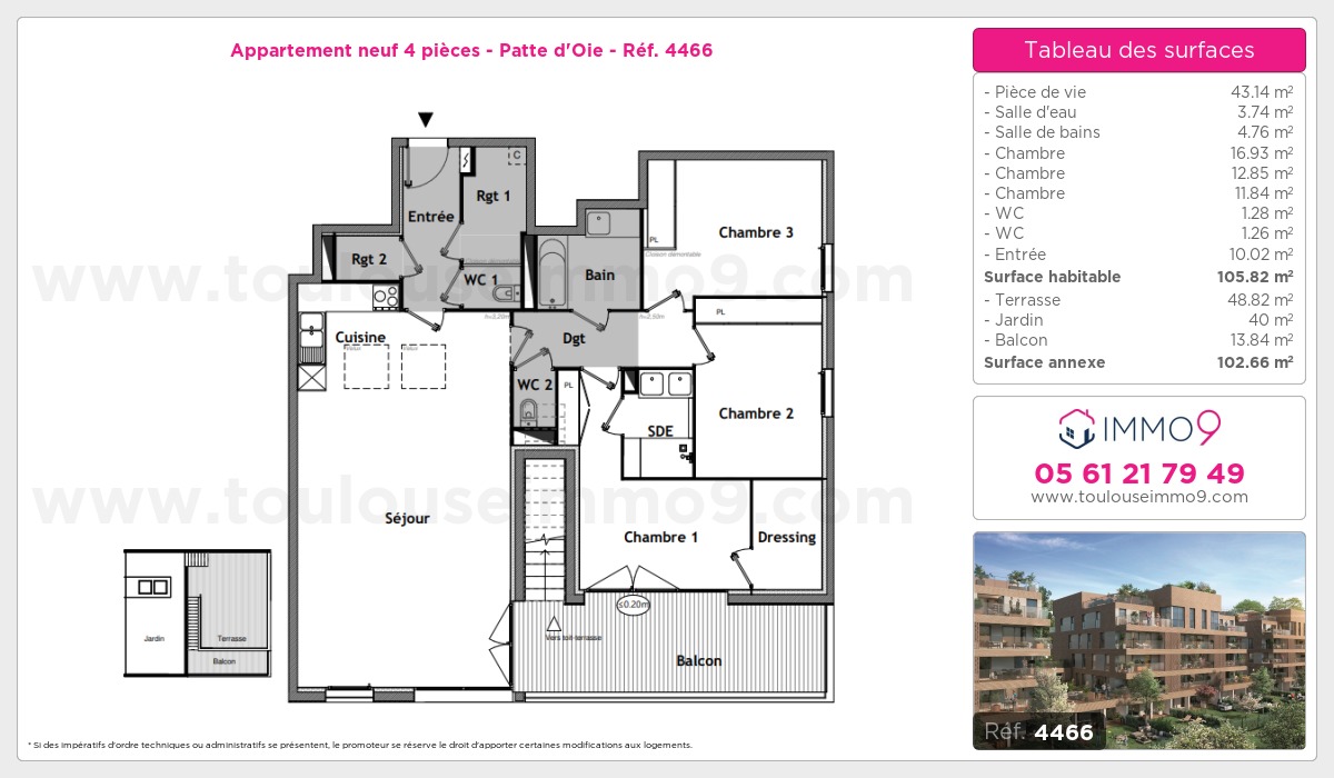 Plan et surfaces, Programme neuf Toulouse : Patte d'Oie Référence n° 4466