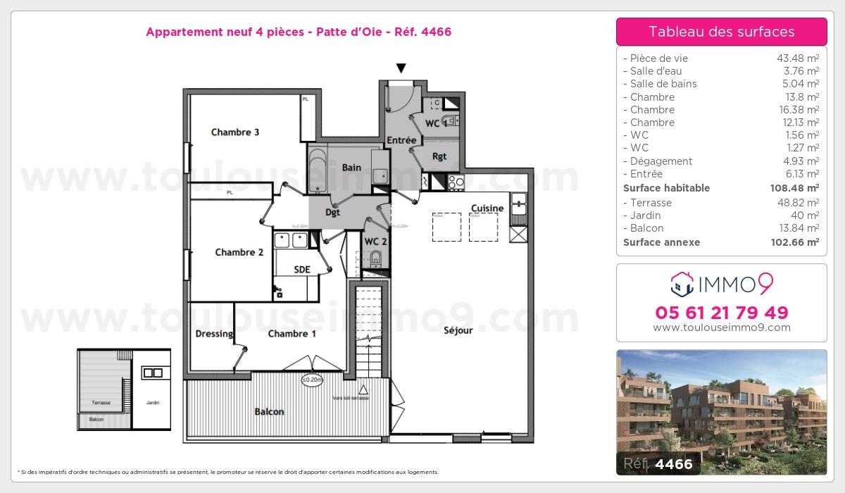 Plan et surfaces, Programme neuf Toulouse : Patte d'Oie Référence n° 4466