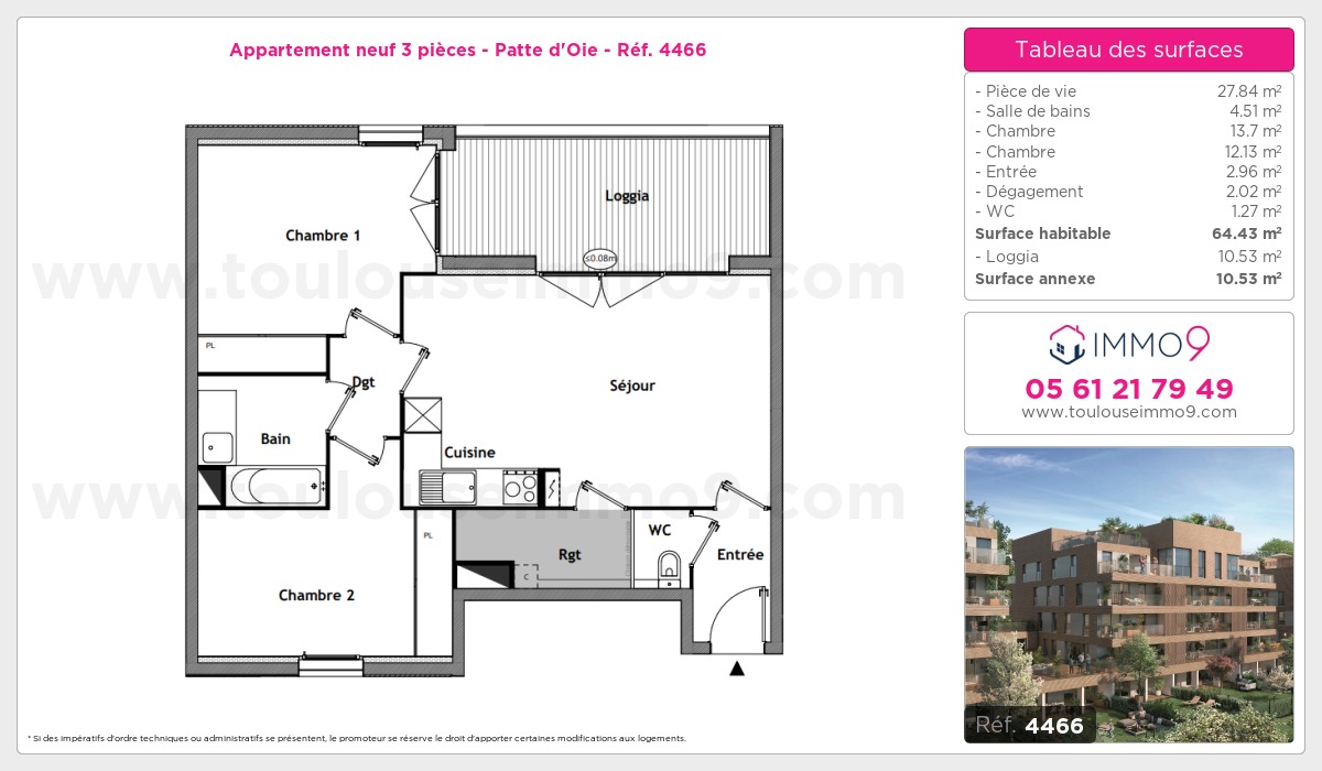 Plan et surfaces, Programme neuf Toulouse : Patte d'Oie Référence n° 4466