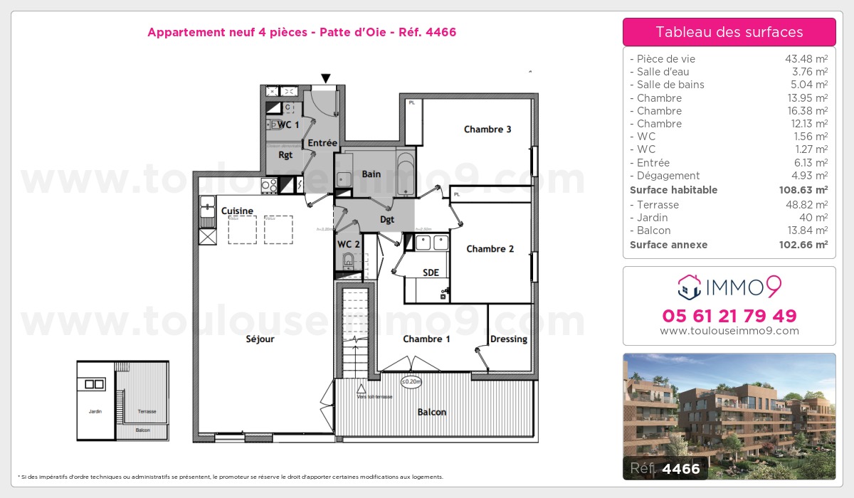 Plan et surfaces, Programme neuf Toulouse : Patte d'Oie Référence n° 4466