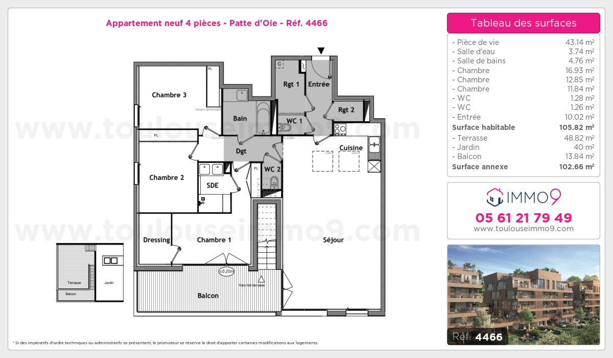 Plan et surfaces, Programme neuf Toulouse : Patte d'Oie Référence n° 4466