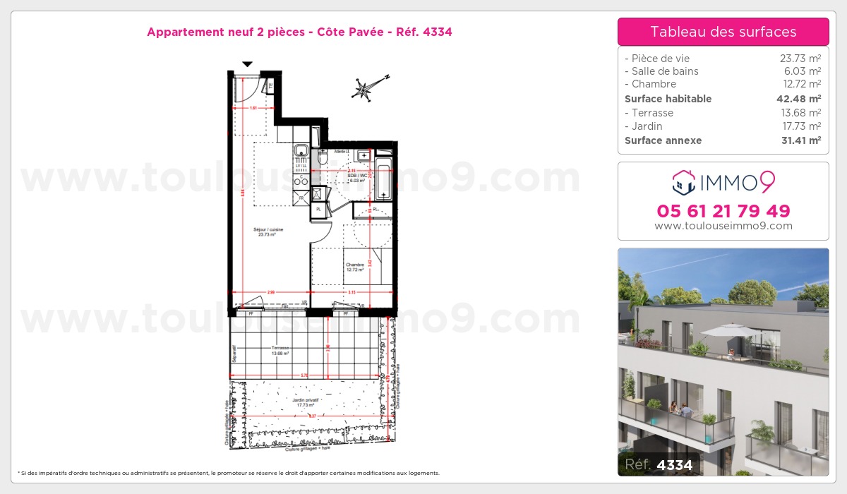 Plan et surfaces, Programme neuf Toulouse : Côte Pavée Référence n° 4334