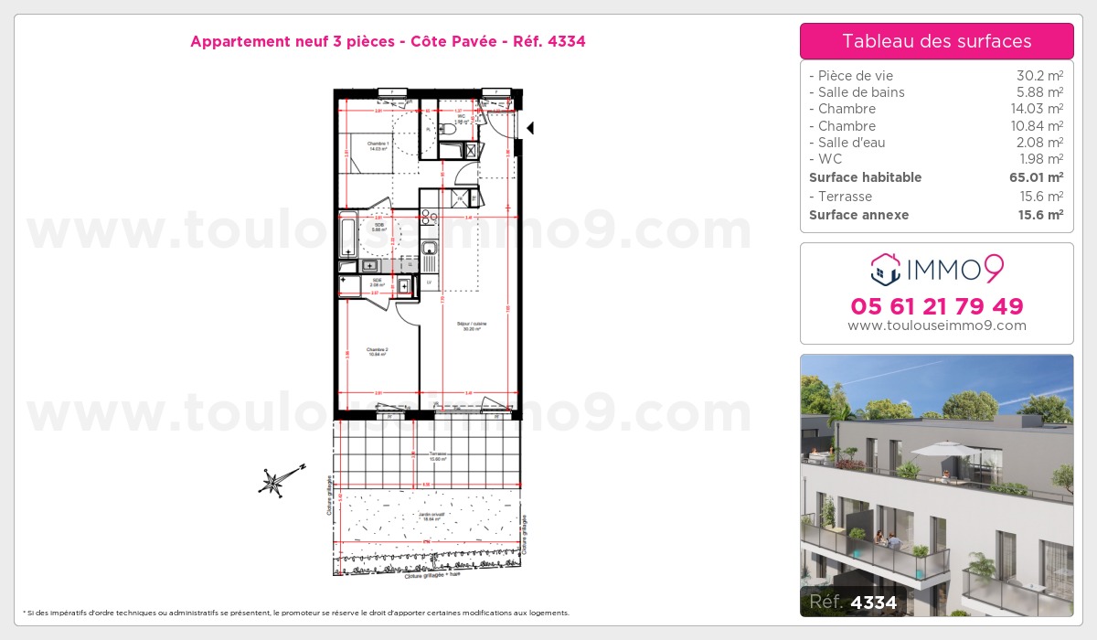 Plan et surfaces, Programme neuf Toulouse : Côte Pavée Référence n° 4334