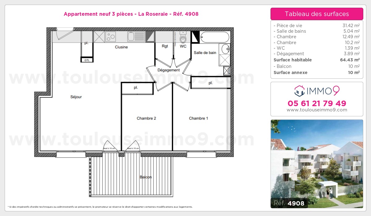 Plan et surfaces, Programme neuf Toulouse : Roseraie Référence n° 4908