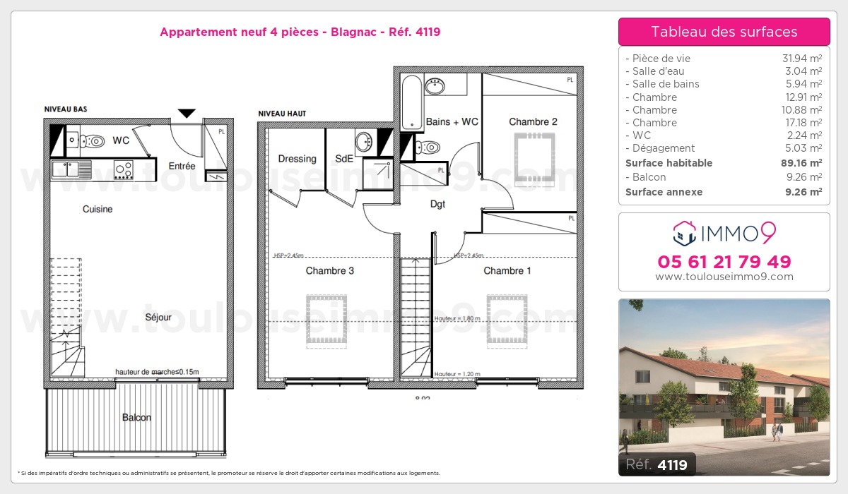 Plan et surfaces, Programme neuf Blagnac Référence n° 4119