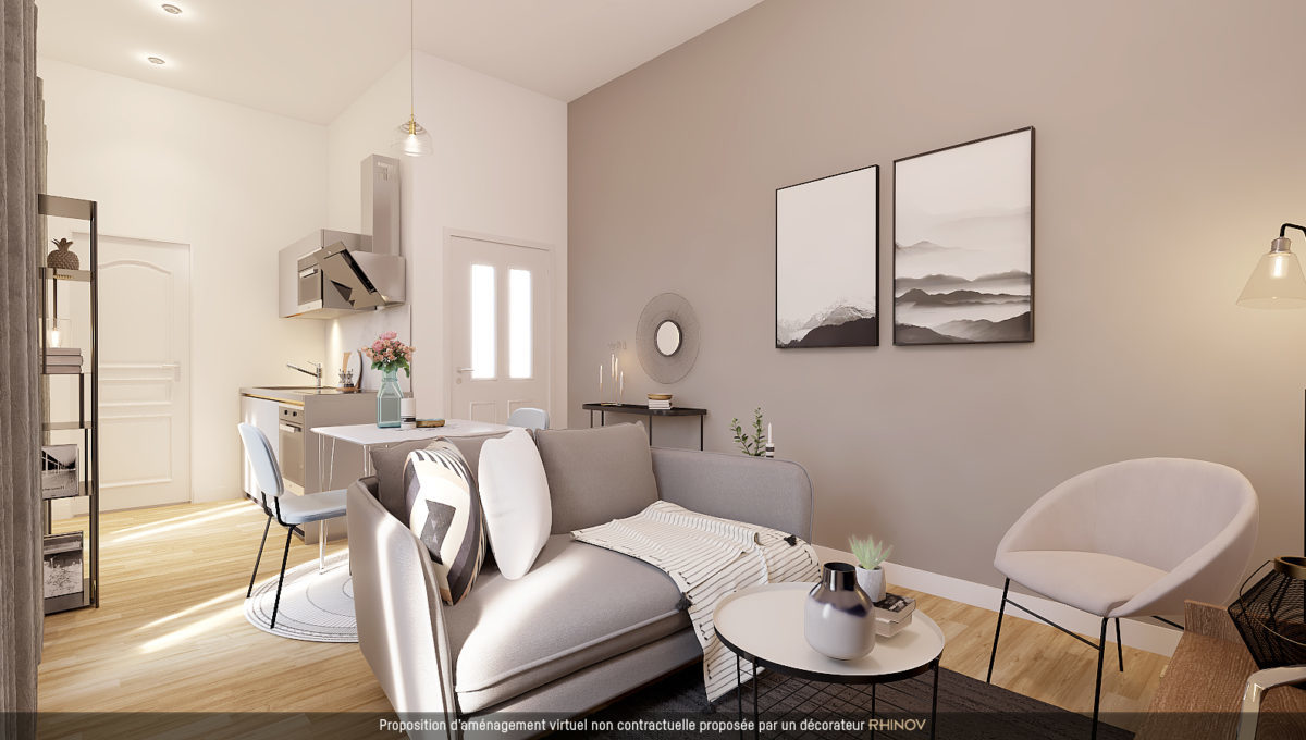 La résidence Péri, dans la rue Gabriel Péri, en plein cœur de Toulouse BSF Promotion - Visuel 3D d’un salon sans la résidence Péri à Toulouse