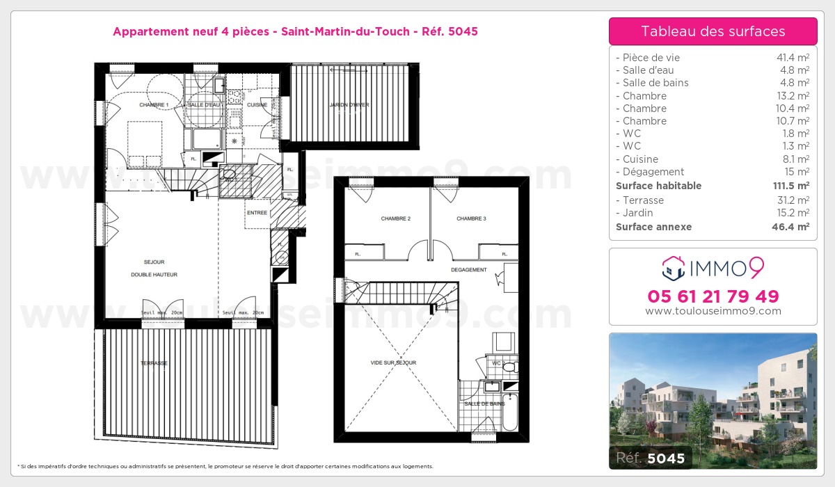 Plan et surfaces, Programme neuf Toulouse : Saint-Martin-du-Touch Référence n° 5045