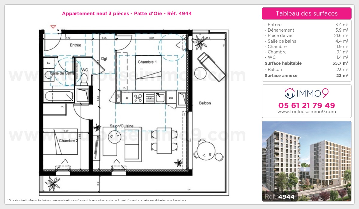 Plan et surfaces, Programme neuf Toulouse : Patte d'Oie Référence n° 4944