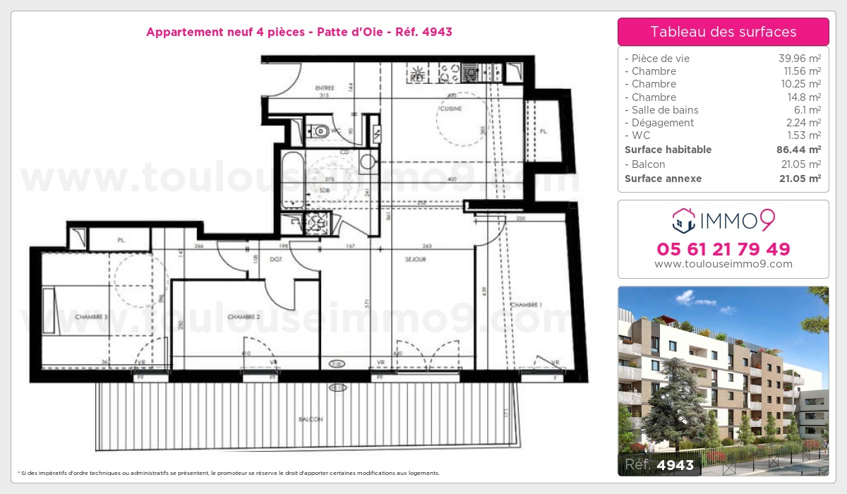 Plan et surfaces, Programme neuf Toulouse : Patte d'Oie Référence n° 4943