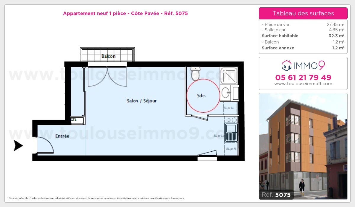 Plan et surfaces, Programme neuf Toulouse : Côte Pavée Référence n° 5075