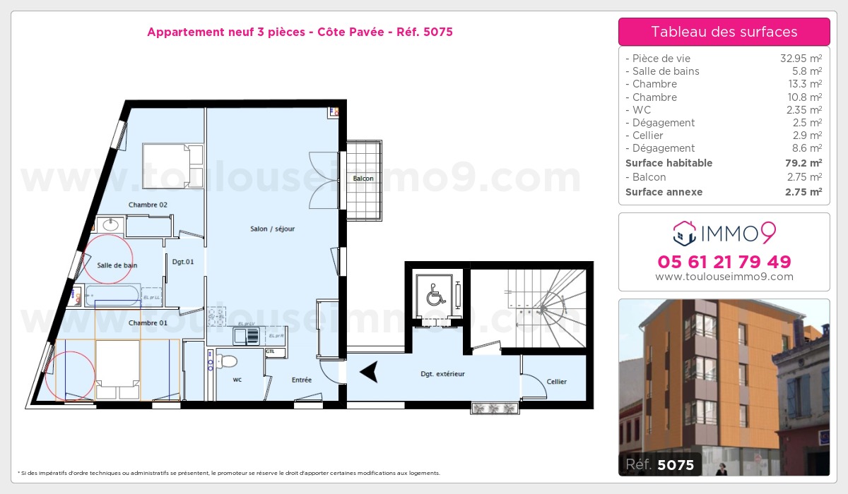 Plan et surfaces, Programme neuf Toulouse : Côte Pavée Référence n° 5075