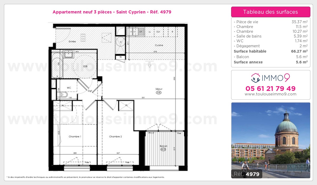 Plan et surfaces, Programme neuf Toulouse : Saint Cyprien Référence n° 4979