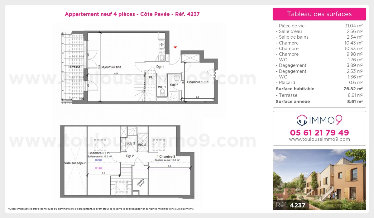 Plan et surfaces, Programme neuf Toulouse : Côte Pavée Référence n° 4237