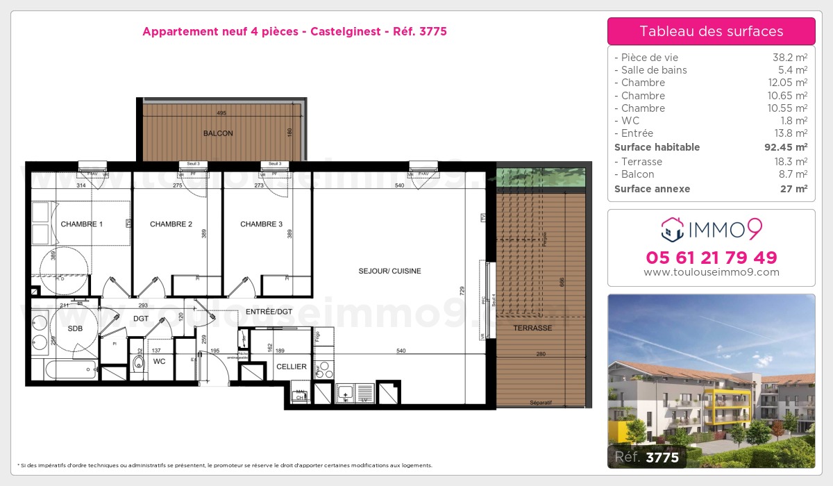 Plan et surfaces, Programme neuf Castelginest Référence n° 3775