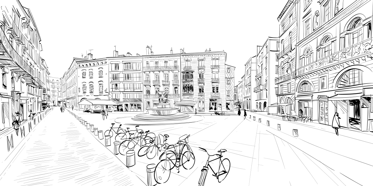 Dessine-moi Toulouse – Croquis en noir et blanc d’une place de la ville de Toulouse.