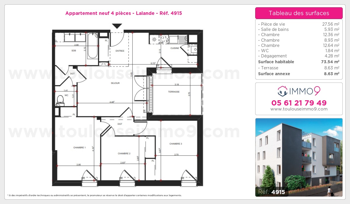 Plan et surfaces, Programme neuf Toulouse : Lalande Référence n° 4915