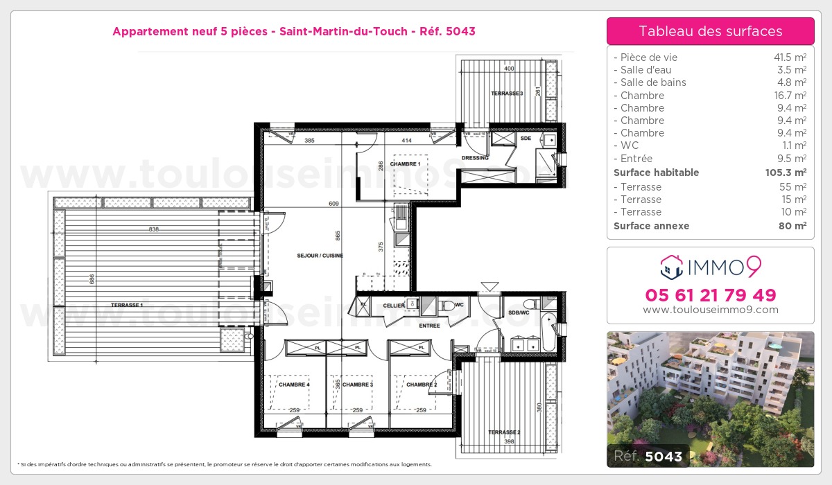 Plan et surfaces, Programme neuf Toulouse : Saint-Martin-du-Touch Référence n° 5043