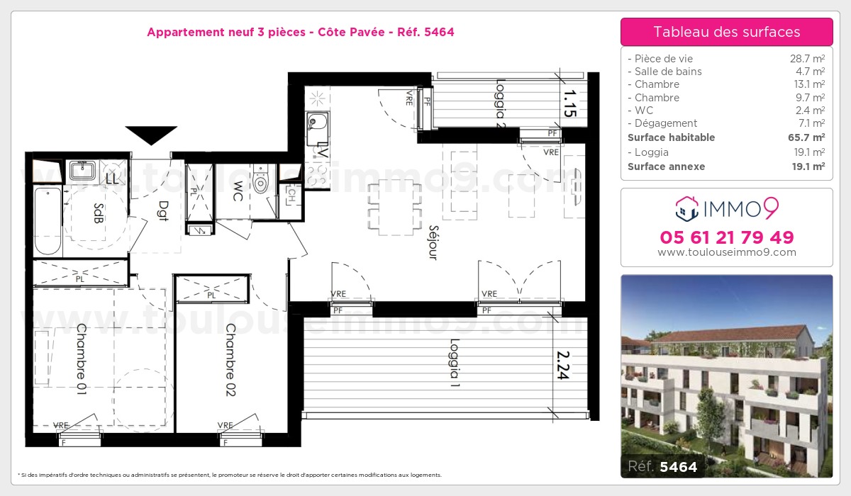 Plan et surfaces, Programme neuf Toulouse : Côte Pavée Référence n° 5464