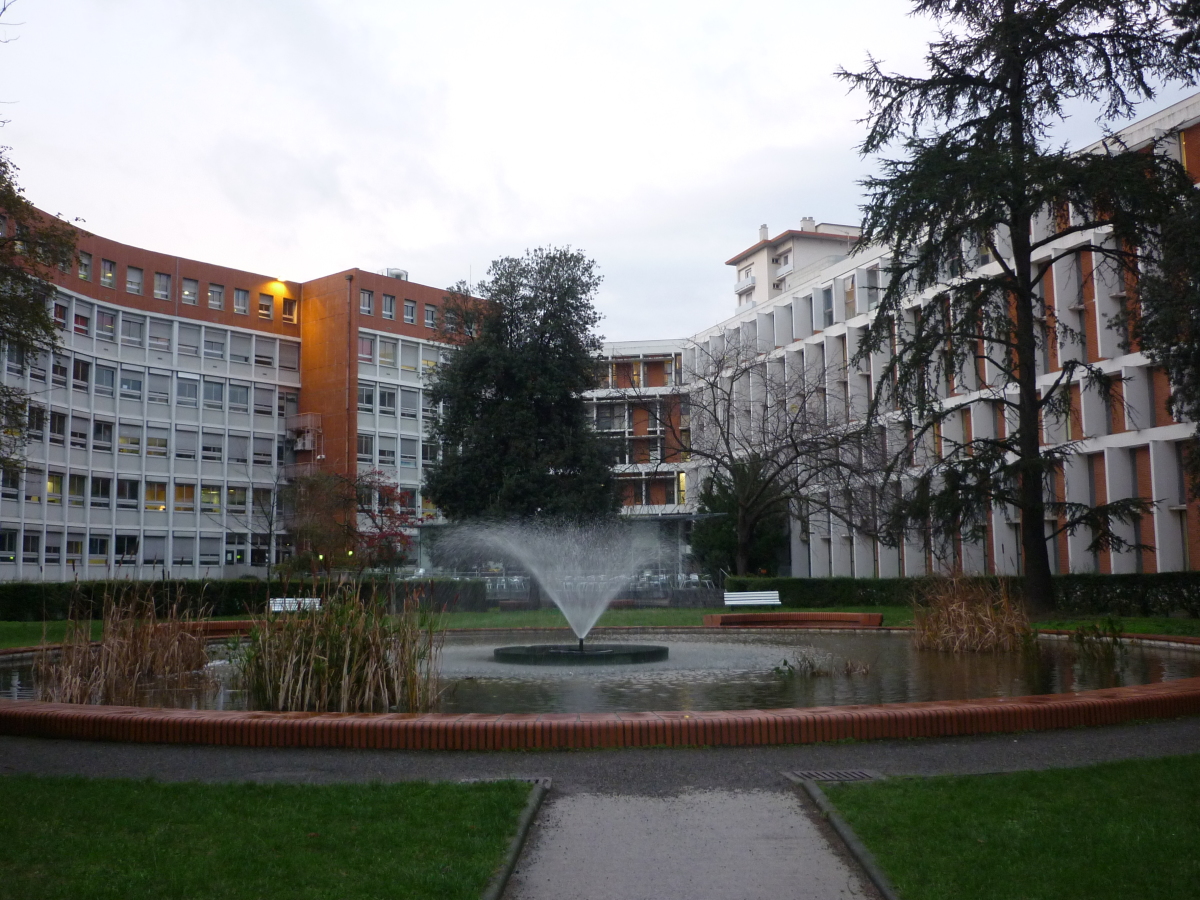Vue des bâtiments de la Cité administrative de Toulouse depuis le jardin