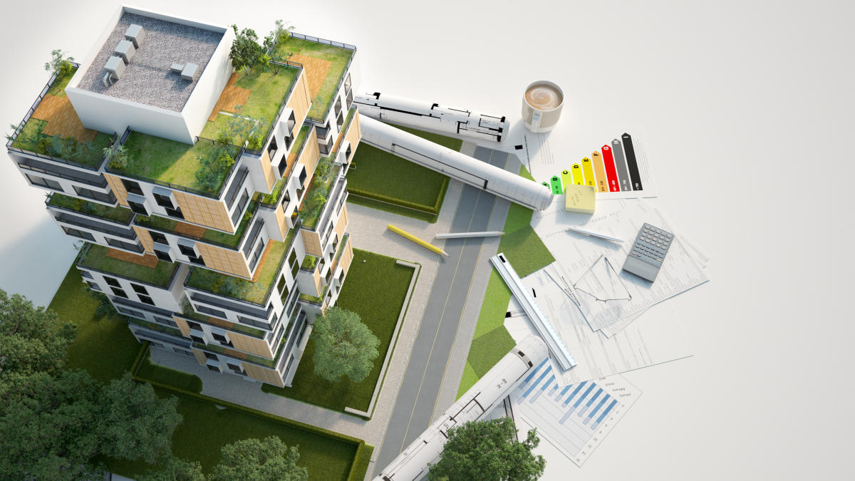 Maquette d’un bâtiment basse consommation avec étiquette énergétique