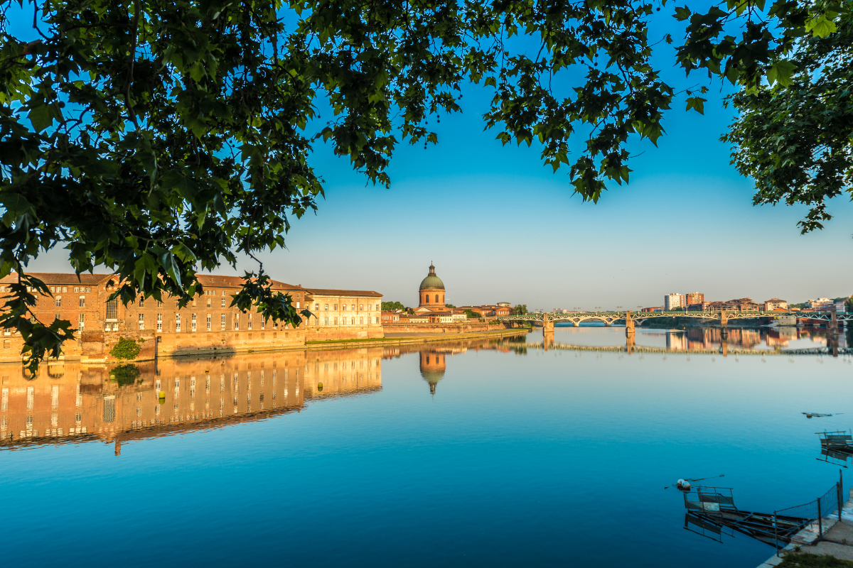 Négocier appartement neuf — Vue de la Garonne et du dôme de La Grave à Toulouse à travers le feuillage d'un arbre