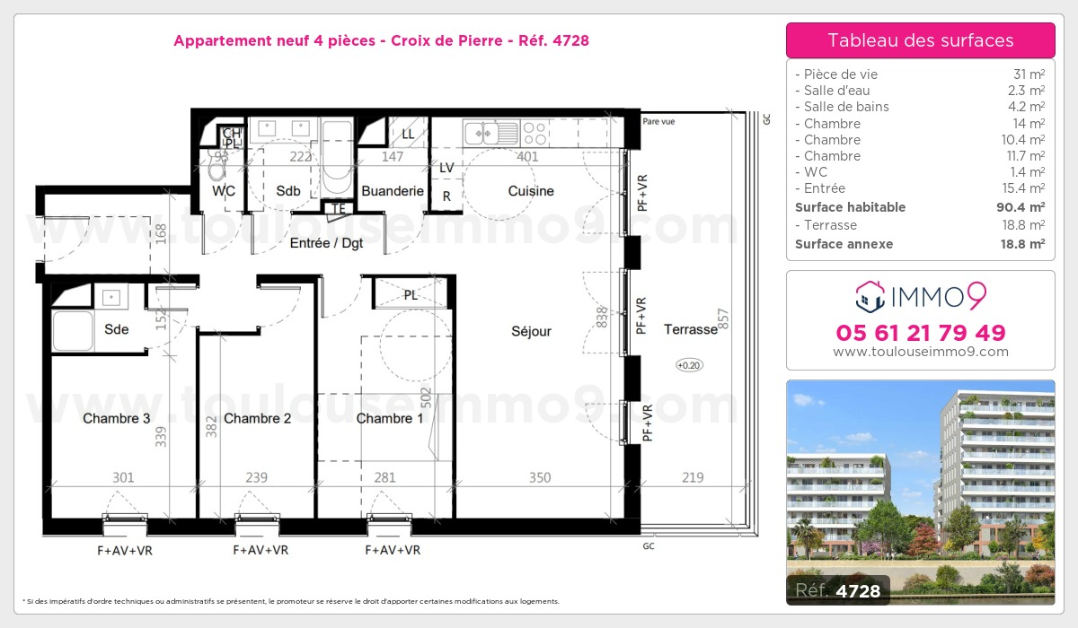 Plan et surfaces, Programme neuf Toulouse : Croix de Pierre Référence n° 4728