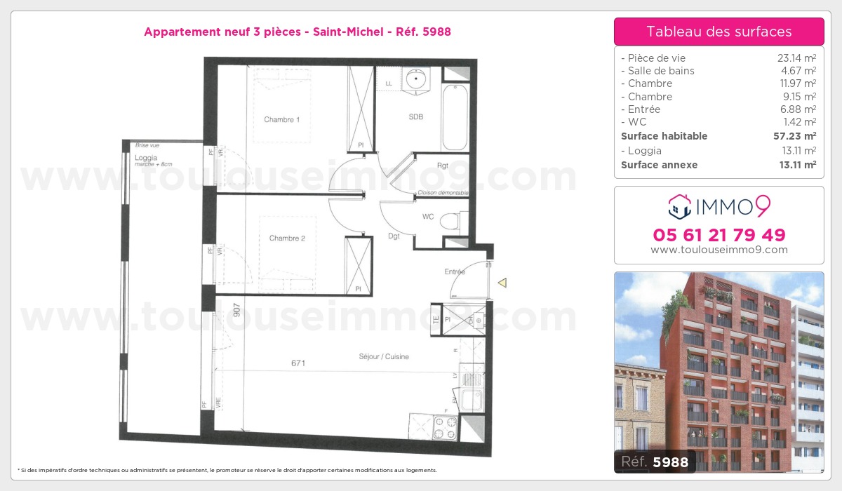 Plan et surfaces, Programme neuf Toulouse : Saint-Michel Référence n° 5988