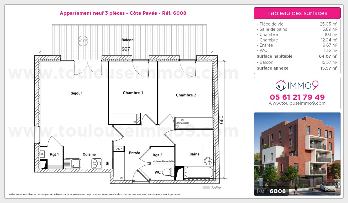 Plan et surfaces, Programme neuf Toulouse : Côte Pavée Référence n° 6008