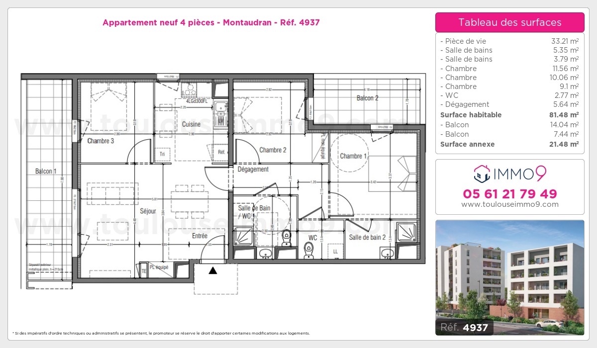 Plan et surfaces, Programme neuf Toulouse : Montaudran Référence n° 4937