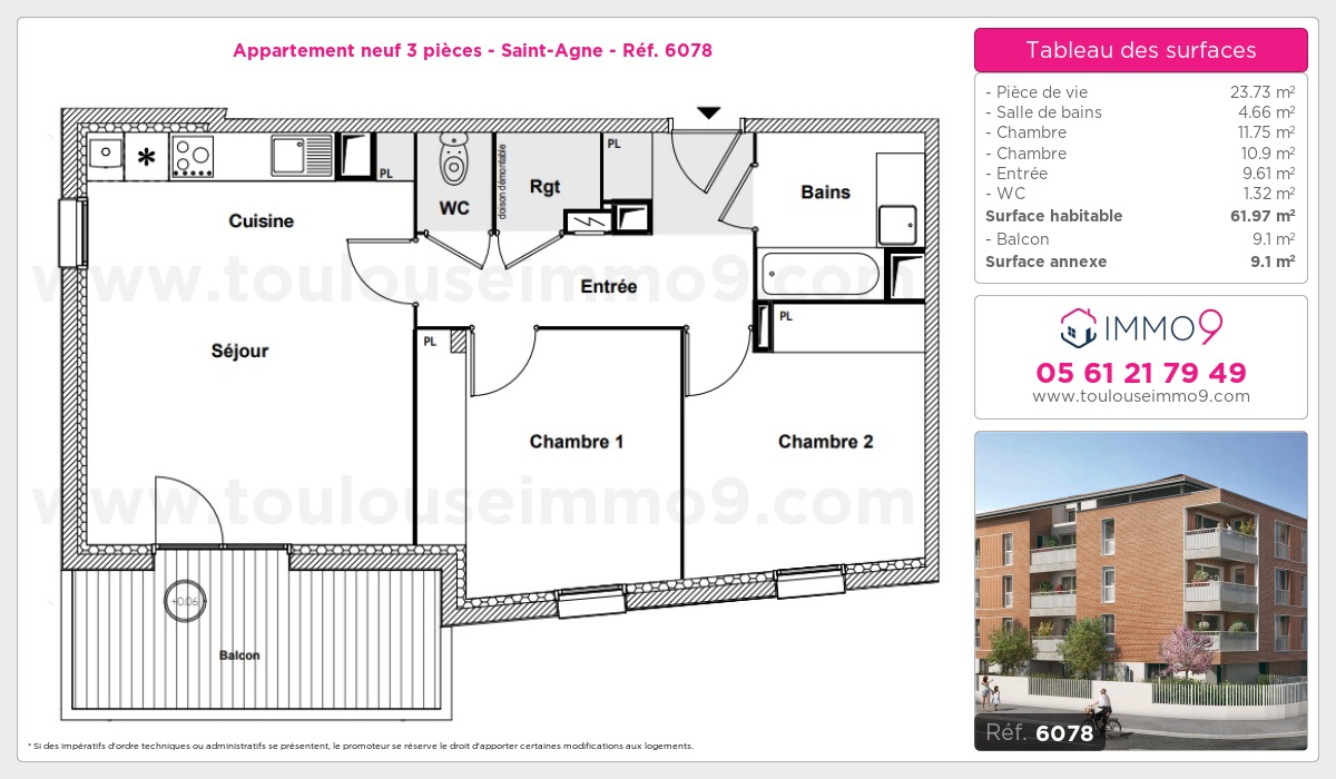 Plan et surfaces, Programme neuf Toulouse : Saint-Agne Référence n° 6078